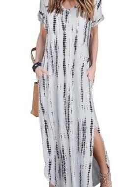 Arolina Boho Cream & Blue Abstract Short Sleeve V Neck Maxi Dress Size Small